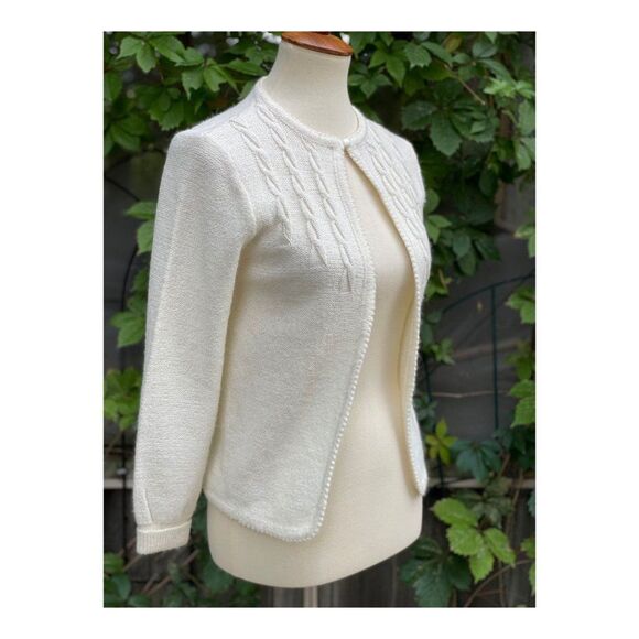Vintage Cream Knit Cardigan Sweater Pearl Beads Sz S - Picture 8 of 11